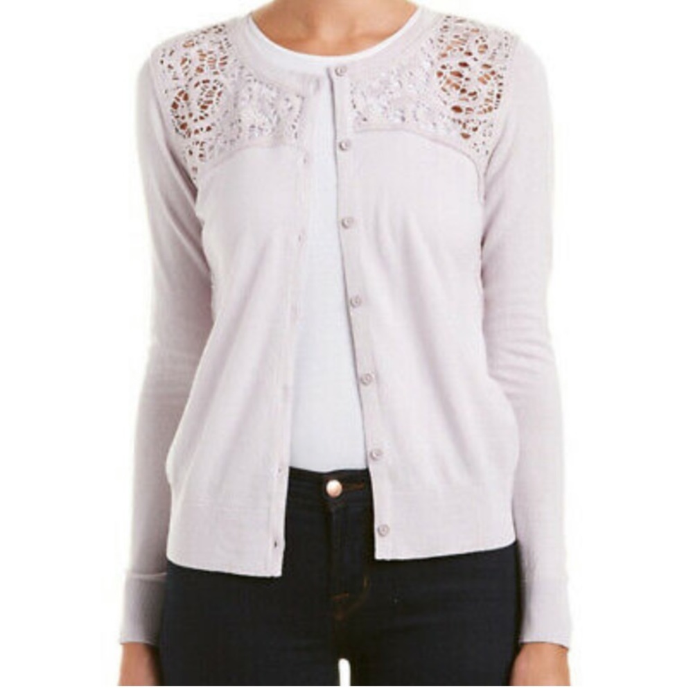 CAbi 184 S Lilac Lace Yoke Cotton Blend Cardigan Sweater